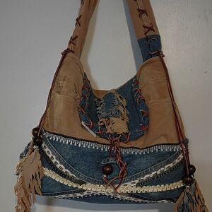 Hand Crafted Blue and Tan Shoulder Bag with Fringe